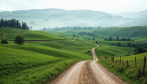 winding dirt road through green hills